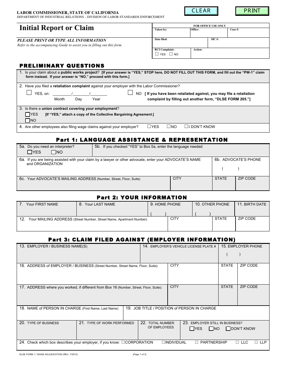 DLSE Form 1 Initial Report or Claim - California, Page 1