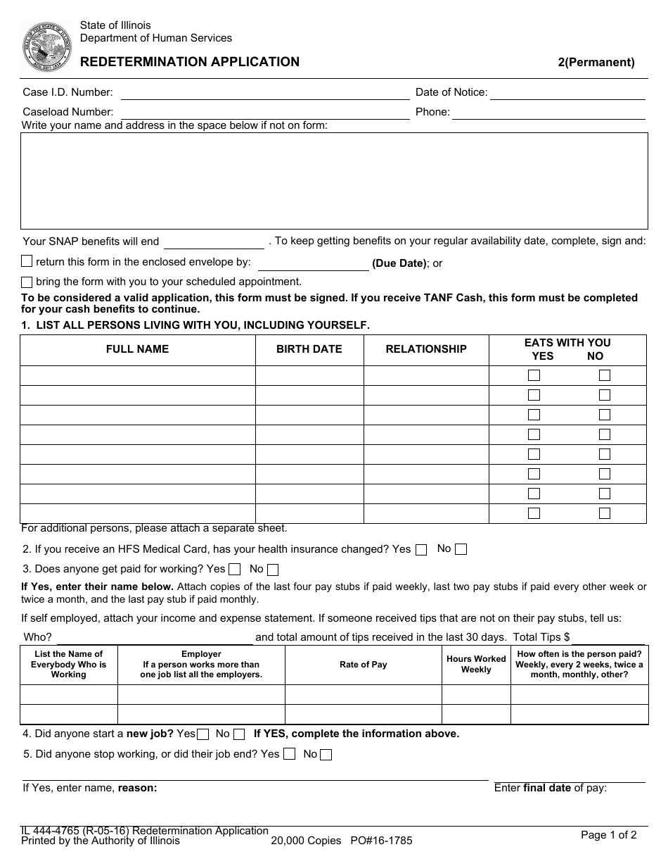Form IL444-4765 Redetermination Application - Illinois, Page 1