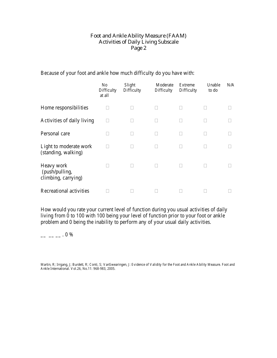 Foot and Ankle Ability Measure (Faam) Activities of Daily Living Subscale Form, Page 2