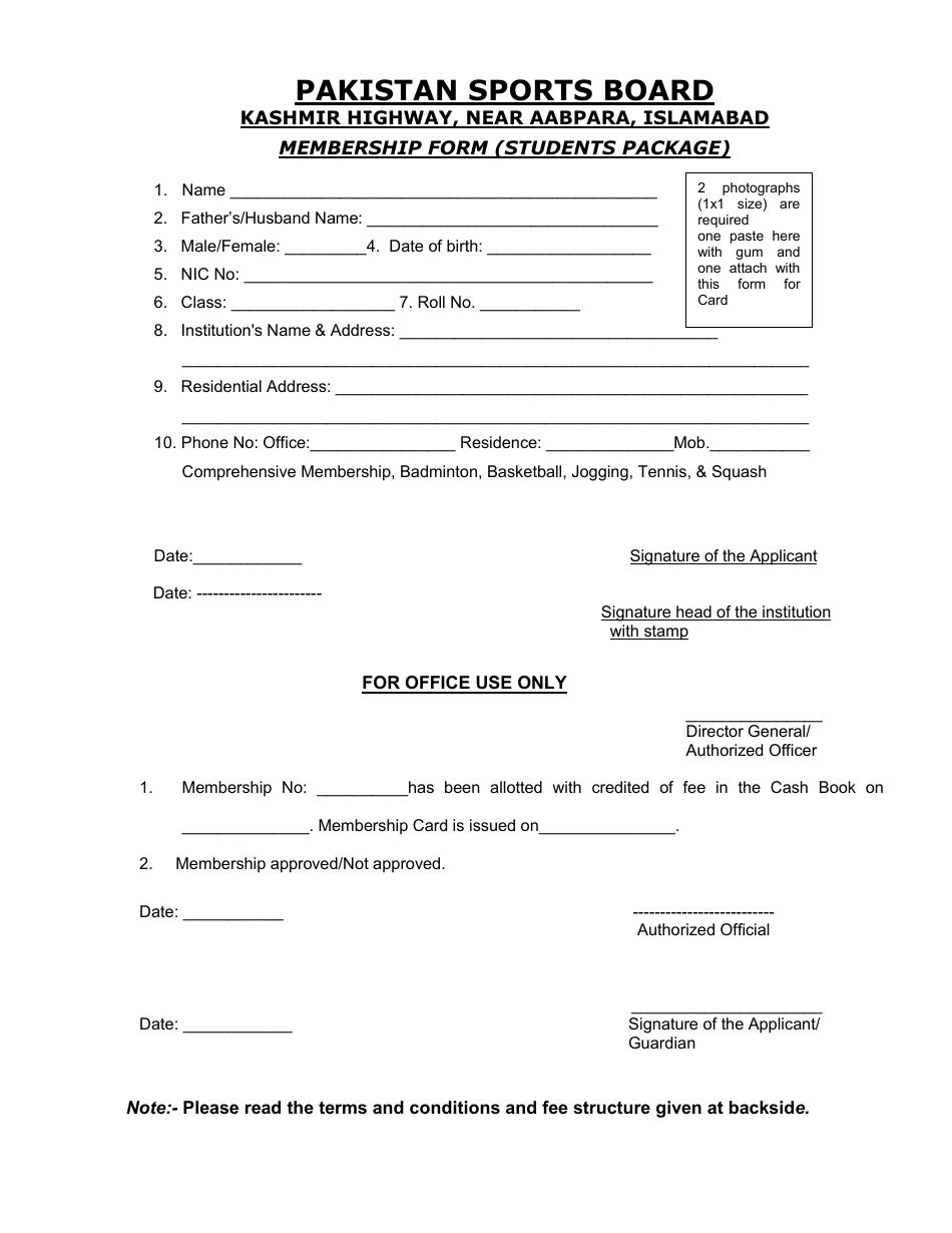 Kashmir Highway, Near Aabpara, Islamabad Membership Form (Students Package) - Pakistan, Page 1