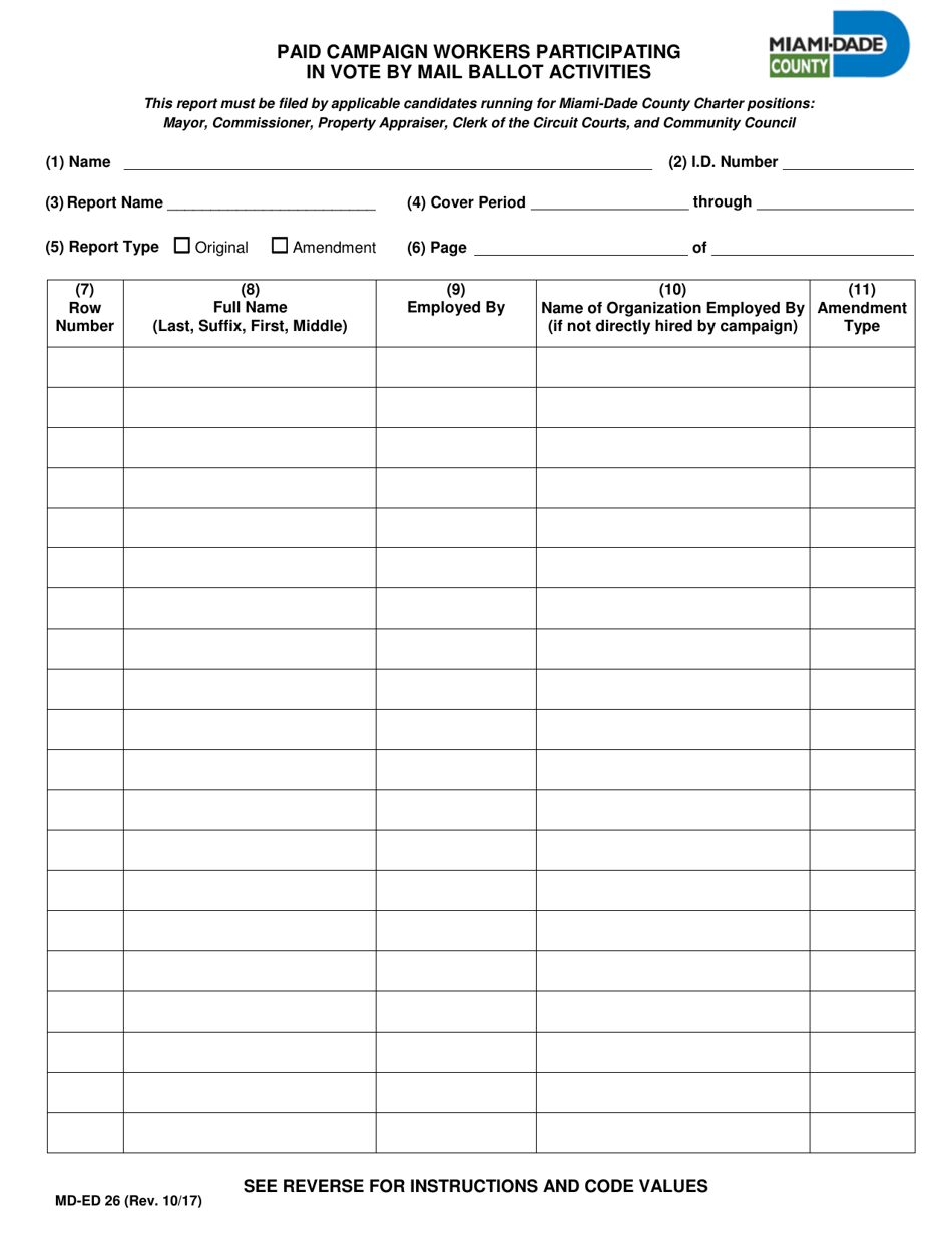 Form MD-ED26 Paid Campaign Workers Participating in Vote by Mail Ballot Activities Summary - Miami-Dade County, Florida, Page 2