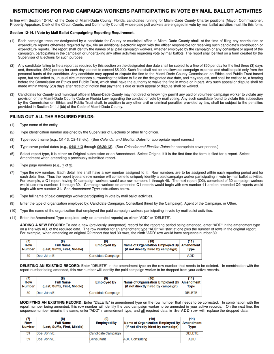 Form MD-ED26 Paid Campaign Workers Participating in Vote by Mail Ballot Activities Summary - Miami-Dade County, Florida, Page 3