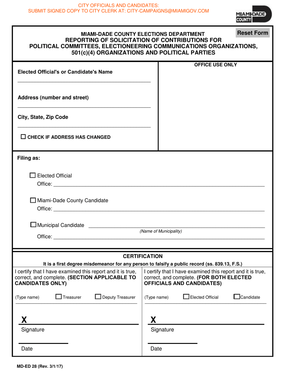 Form MD-ED28 Reporting of Solicitation of Contributions for Political Committees, Electioneering Communications Organizations, 501(C)(4) Organizations and Political Parties - Miami-Dade County, Florida, Page 1