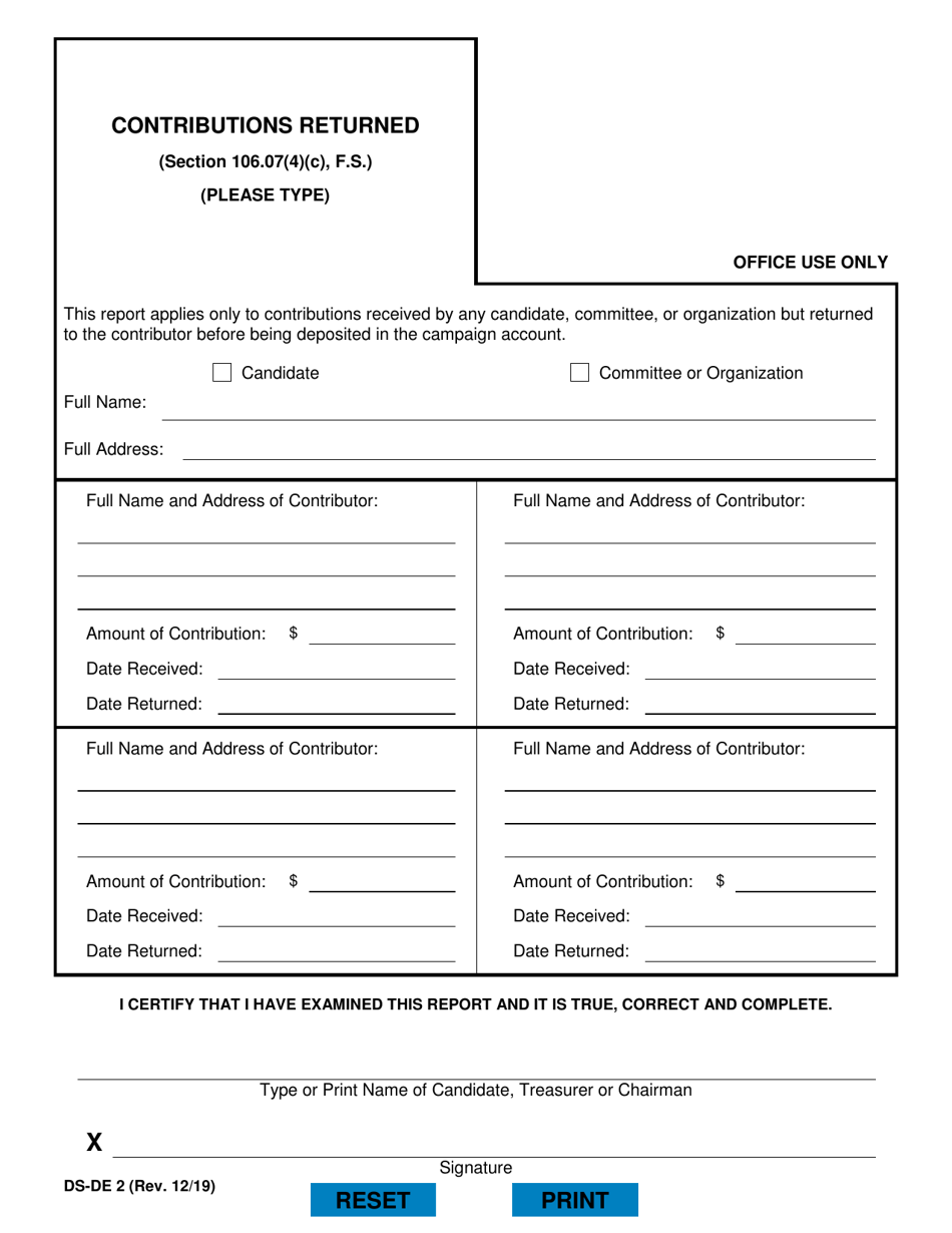 Form DS-DE2 Contributions Returned - Florida, Page 1