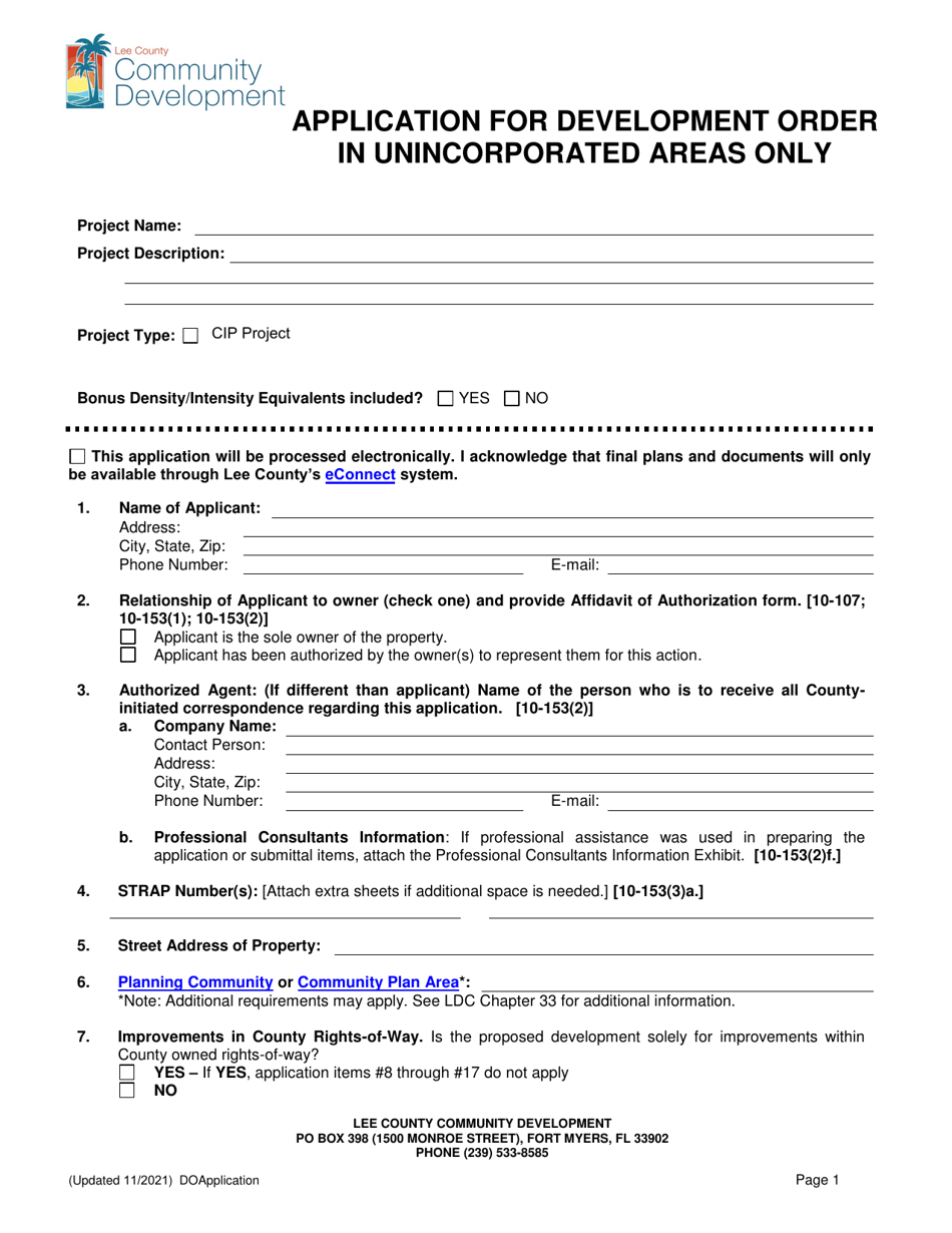 Lee County, Florida Application for Development Order Fill Out, Sign