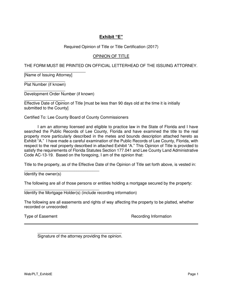 Exhibit E Opinion of Title or Title Certification - Lee County, Florida, Page 1