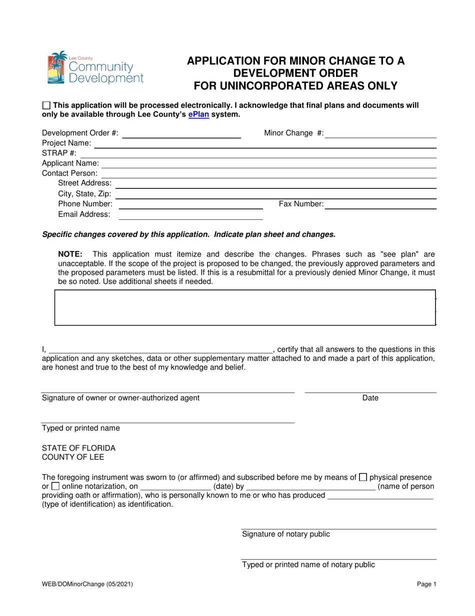 Lee County, Florida Application for Minor Change to a Development Order
