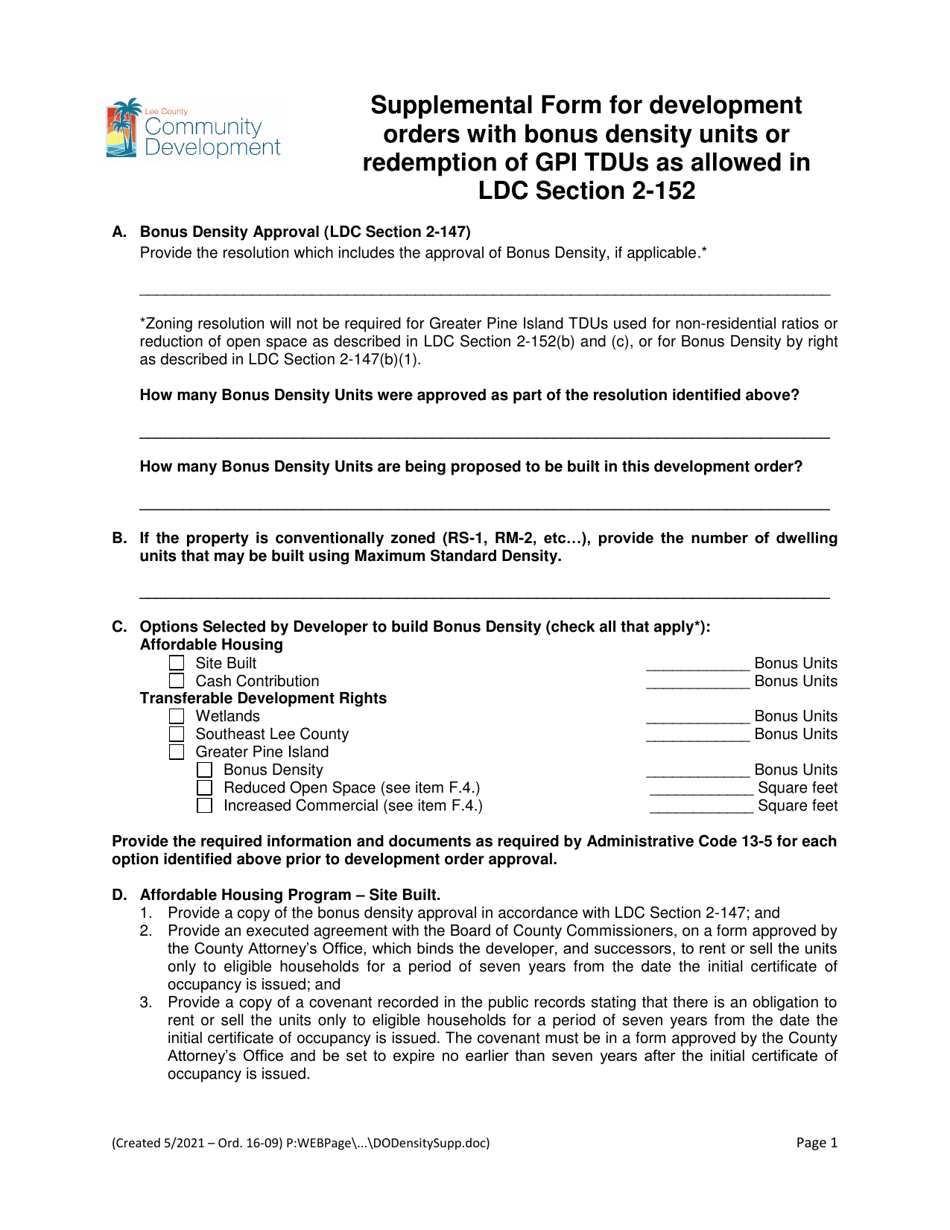 Supplemental Form for Development Orders With Bonus Density Units or Redemption of Gpi Tdus as Allowed in Ldc Section 2-152 - Lee County, Florida, Page 1