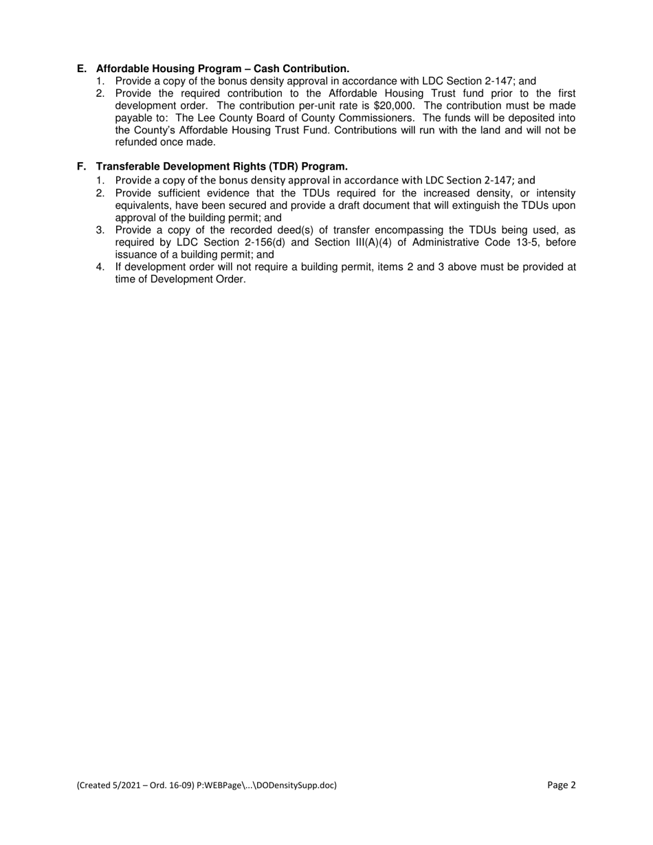 Supplemental Form for Development Orders With Bonus Density Units or Redemption of Gpi Tdus as Allowed in Ldc Section 2-152 - Lee County, Florida, Page 2