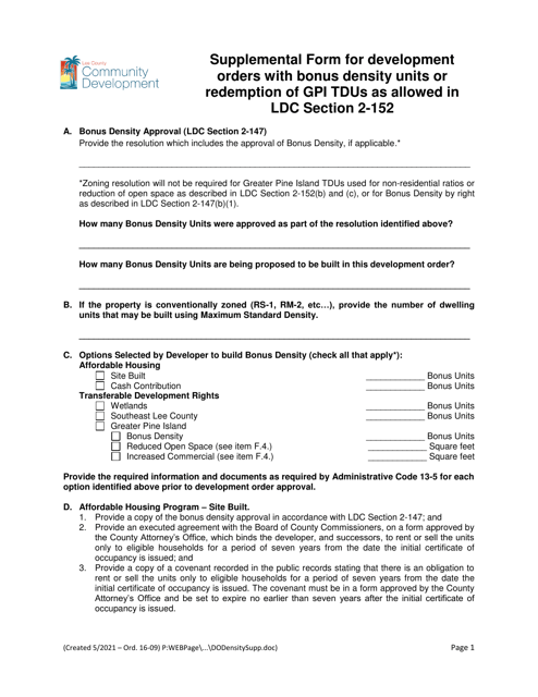 Supplemental Form for Development Orders With Bonus Density Units or Redemption of Gpi Tdus as Allowed in Ldc Section 2-152 - Lee County, Florida Download Pdf