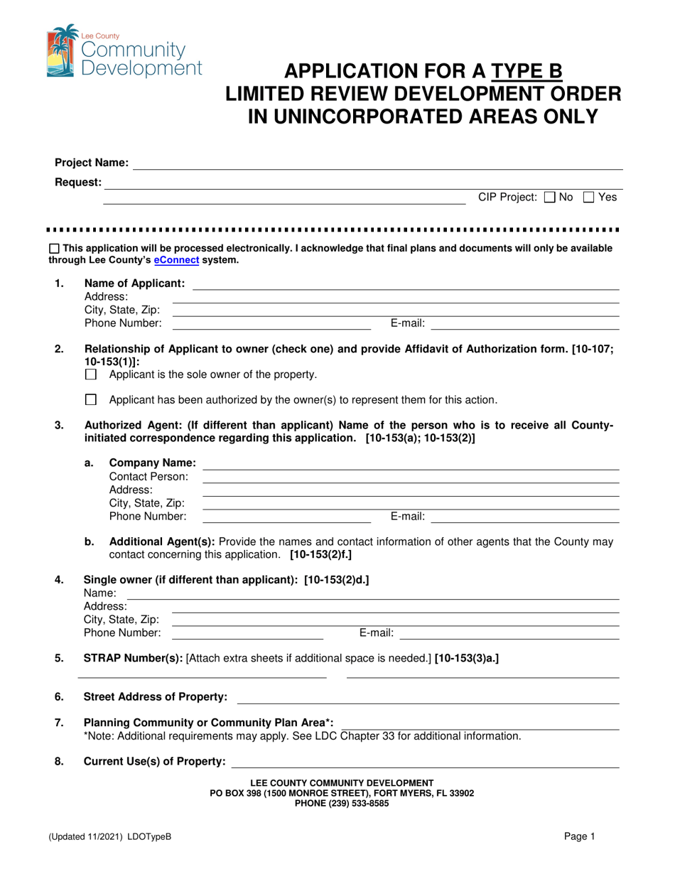 Application for a Type B Limited Review Development Order - Lee County, Florida, Page 1