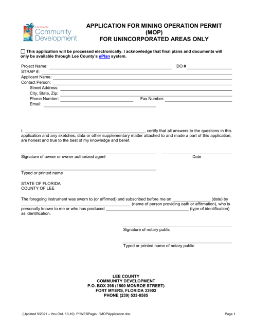 Application for Mining Operation Permit (Mop) - Lee County, Florida Download Pdf