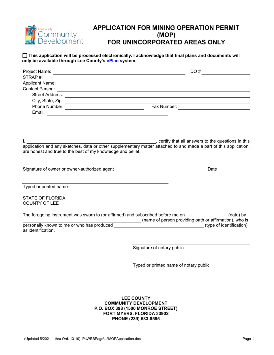 Application for Mining Operation Permit (Mop) - Lee County, Florida, Page 1