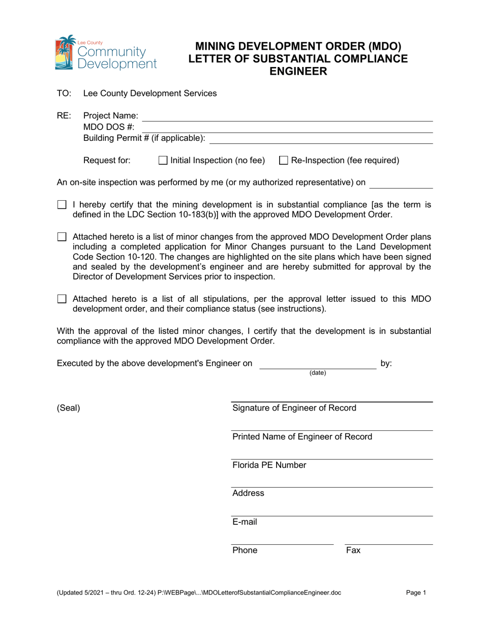 Mining Development Order (Mdo) Letter of Substantial Compliance Engineer - Lee County, Florida, Page 1