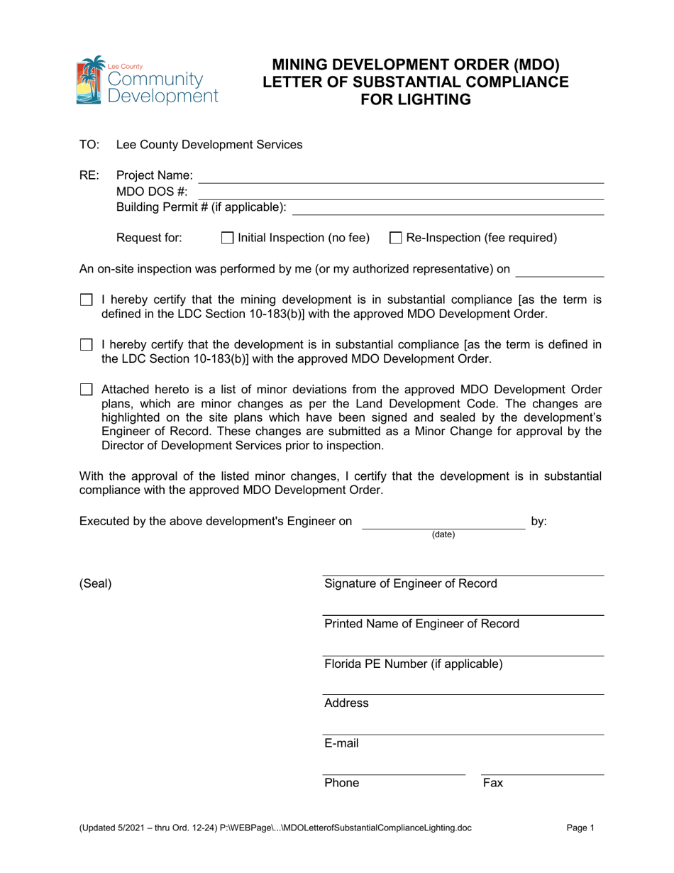 Mining Development Order (Mdo) Letter of Substantial Compliance for Lighting - Lee County, Florida, Page 1