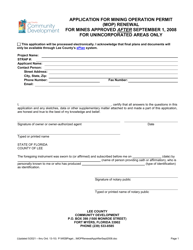 Document preview: Application for Mining Operation Permit (Mop) Renewal for Mines Approved After September 1, 2008 - Lee County, Florida