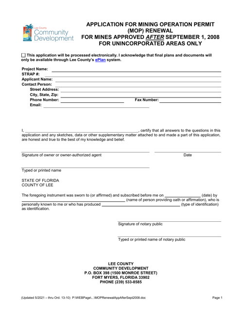 Application for Mining Operation Permit (Mop) Renewal for Mines Approved After September 1, 2008 - Lee County, Florida