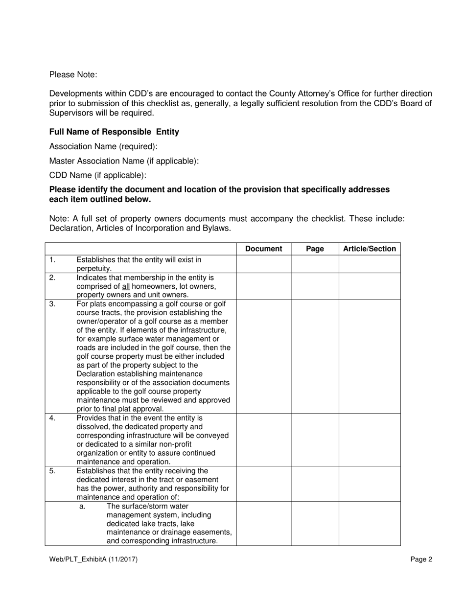 Exhibit A Required County Checklist for Review of Infrastructure Maintenance / Property Owner Association Documents - Lee County, Florida, Page 2