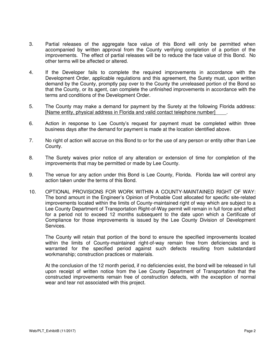 Exhibit B Sample Performance Assurance Bond - Lee County, Florida, Page 2