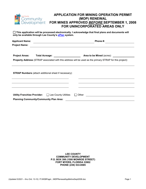Application for Mining Operation Permit (Mop) Renewal for Mines Approved Before September 1, 2008 - Lee County, Florida Download Pdf