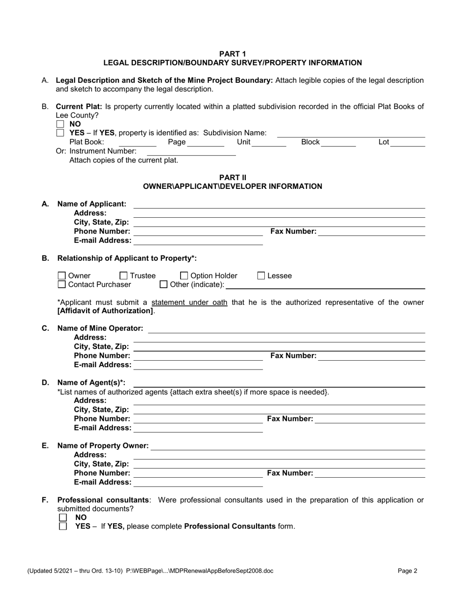Application for Mining Operation Permit (Mop) Renewal for Mines Approved Before September 1, 2008 - Lee County, Florida, Page 2