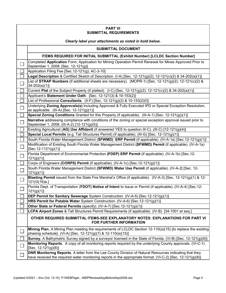Application for Mining Operation Permit (Mop) Renewal for Mines Approved Before September 1, 2008 - Lee County, Florida, Page 5