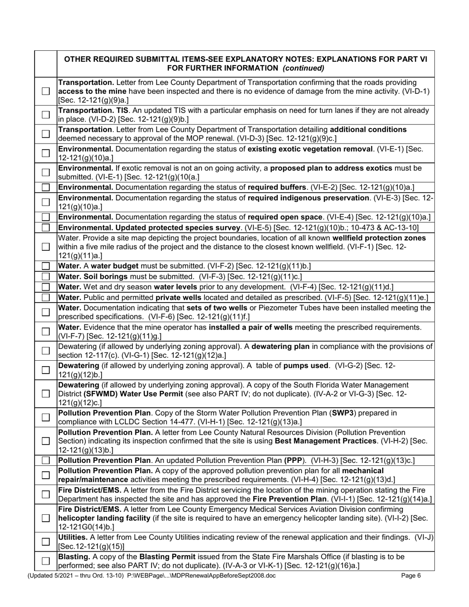 Application for Mining Operation Permit (Mop) Renewal for Mines Approved Before September 1, 2008 - Lee County, Florida, Page 6
