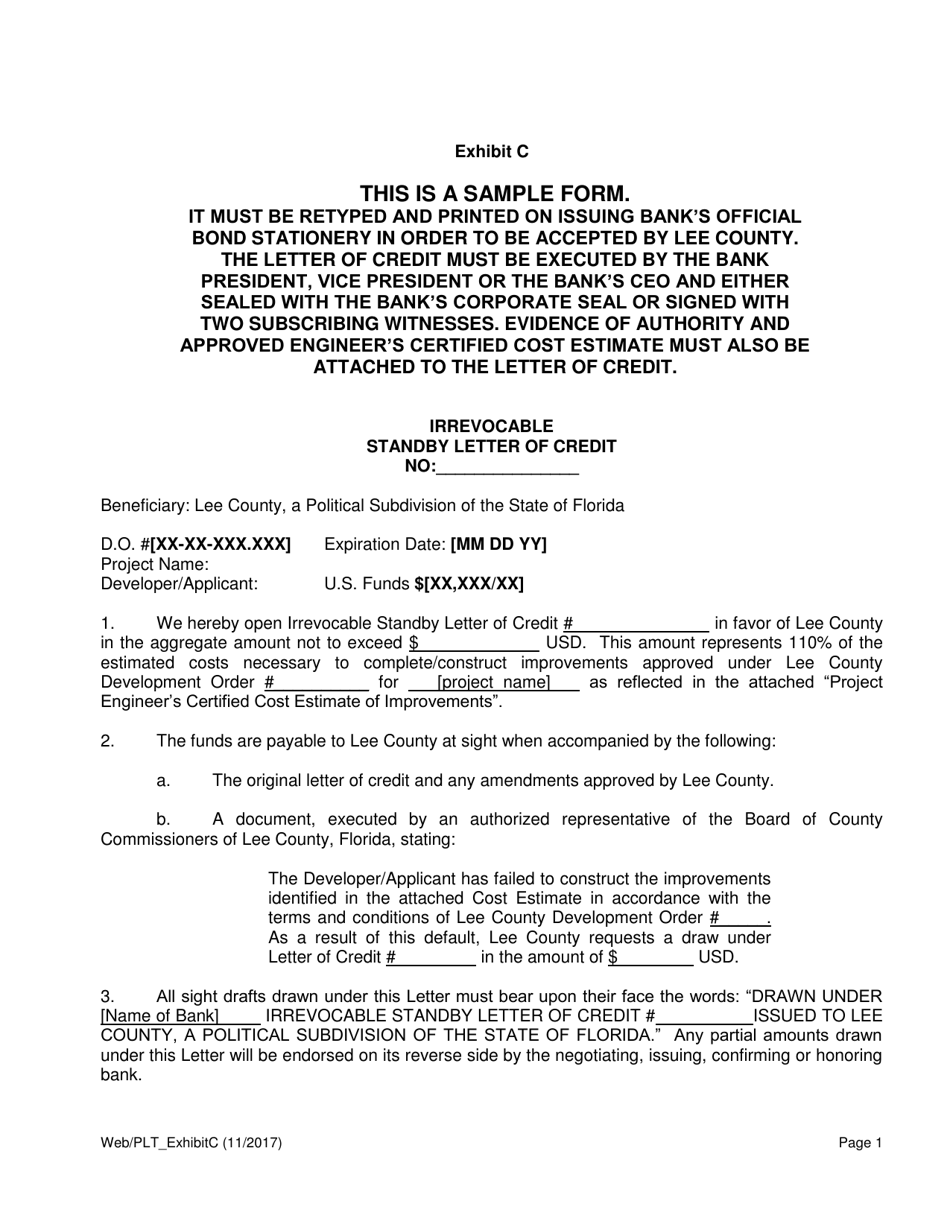 Exhibit C Sample Irrevocable Standby Letter of Credit - Lee County, Florida, Page 1