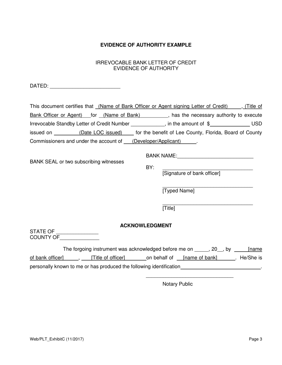 Lee County, Florida Sample Irrevocable Standby Letter of Credit - Fill ...