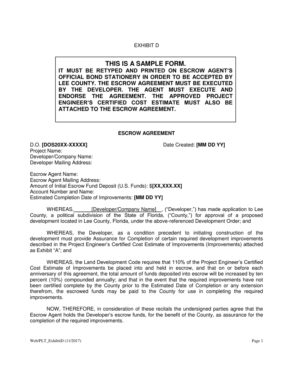Exhibit D Sample Escrow Agreement - Lee County, Florida, Page 1