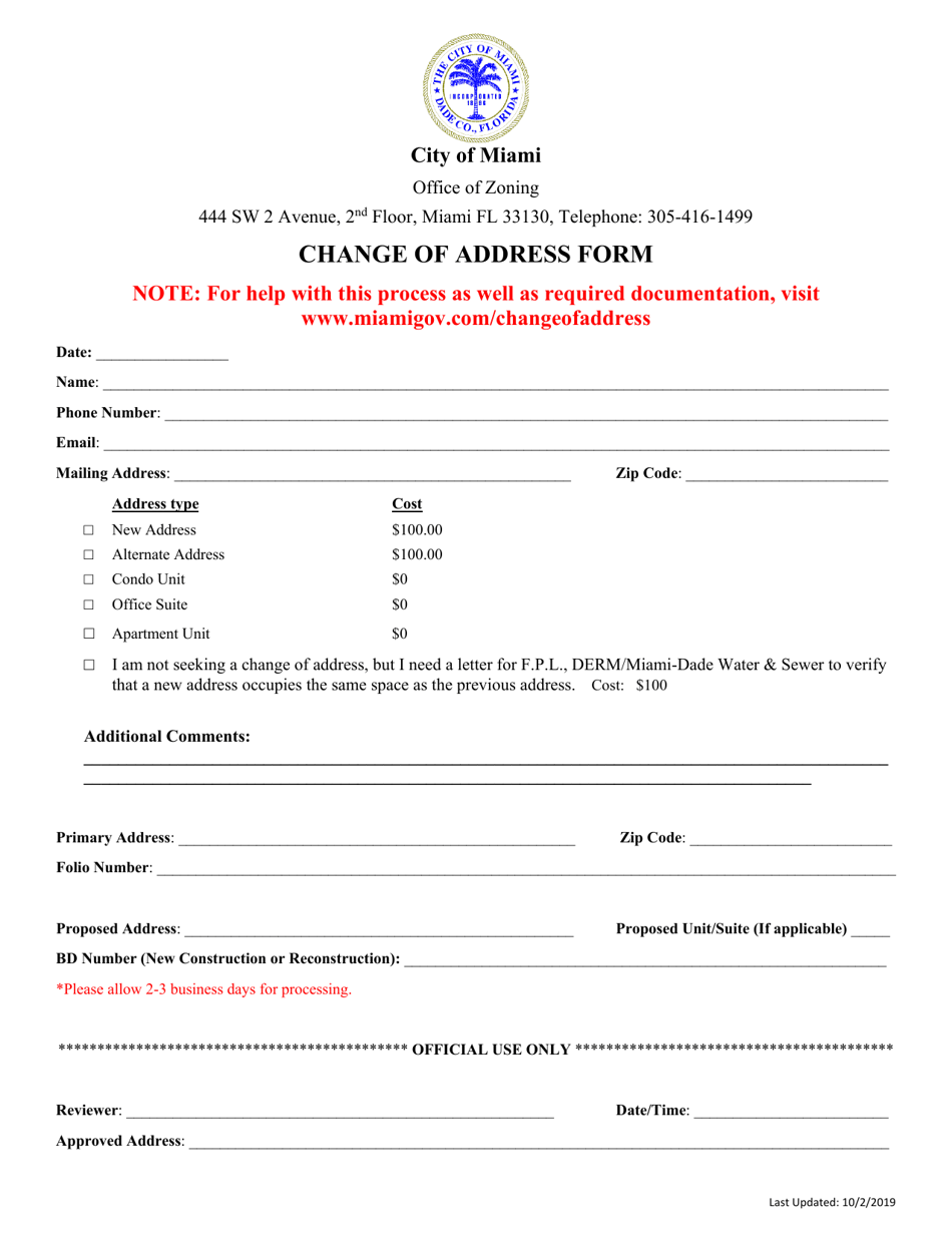 Change of Address Form - City of Miami, Florida, Page 1