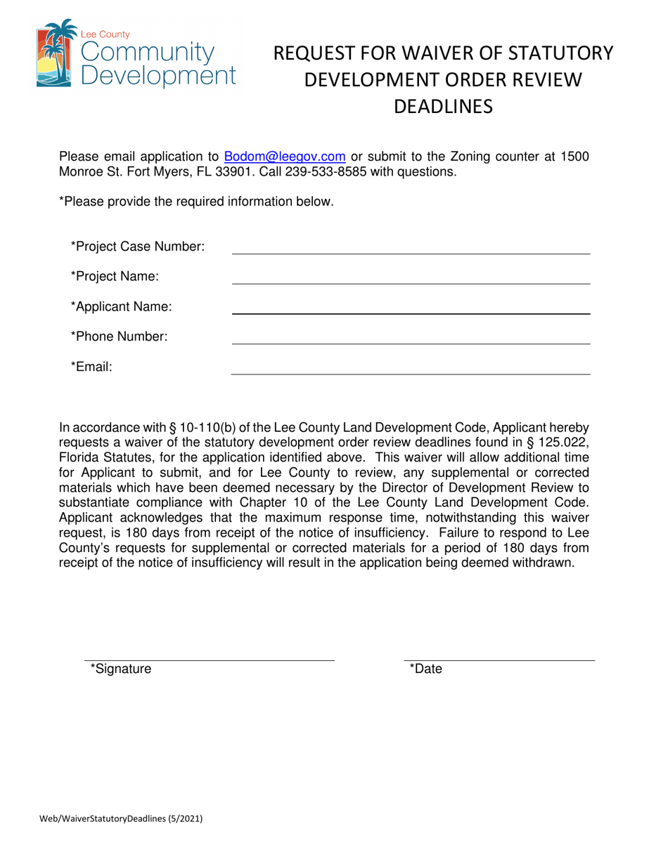 Request for Waiver of Statutory Development Order Review Deadlines - Lee County, Florida, Page 1