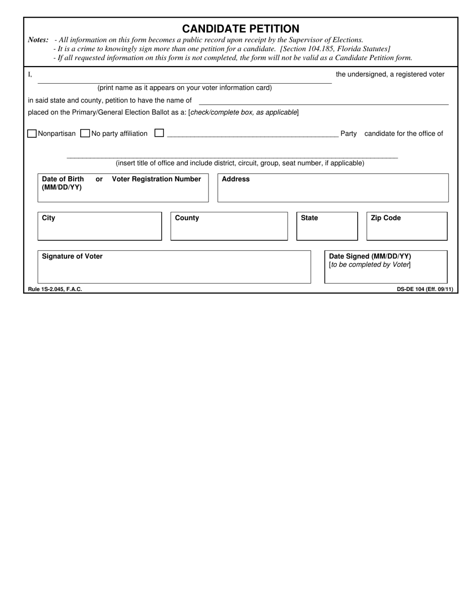 Form DS-DE104 Candidate Petition - Florida, Page 1