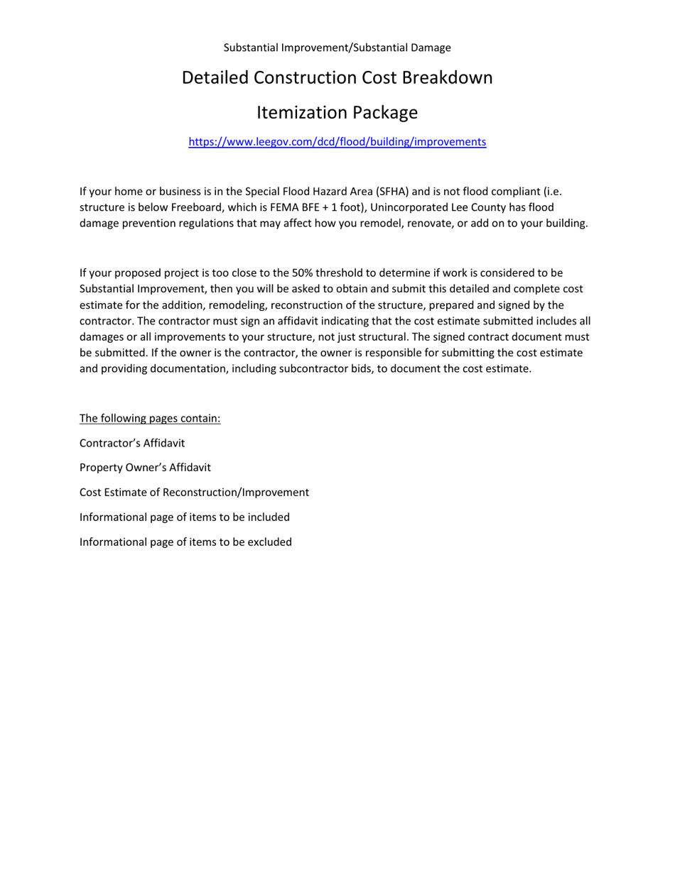 Lee Couny, Florida Detailed Construction Cost Breakdown Itemization ...
