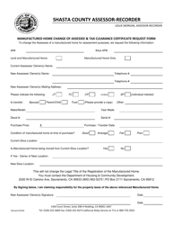 Document preview: Manufactured Home Change of Assessee & Tax Clearance Certificate Request - Shasta County, California