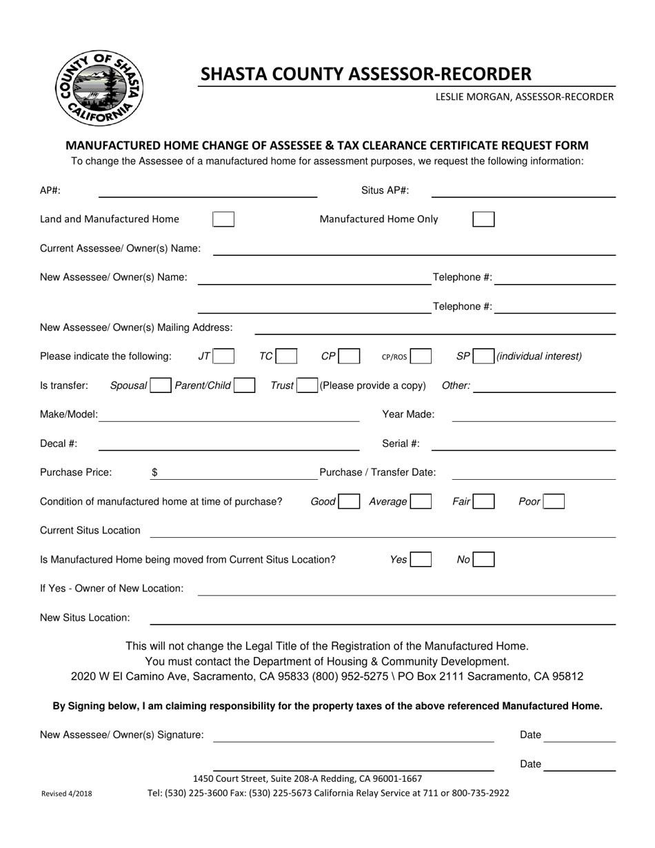 Manufactured Home Change of Assessee  Tax Clearance Certificate Request - Shasta County, California, Page 1
