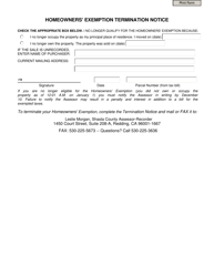Document preview: Homeowners' Exemption Termination Notice - Shasta County, California