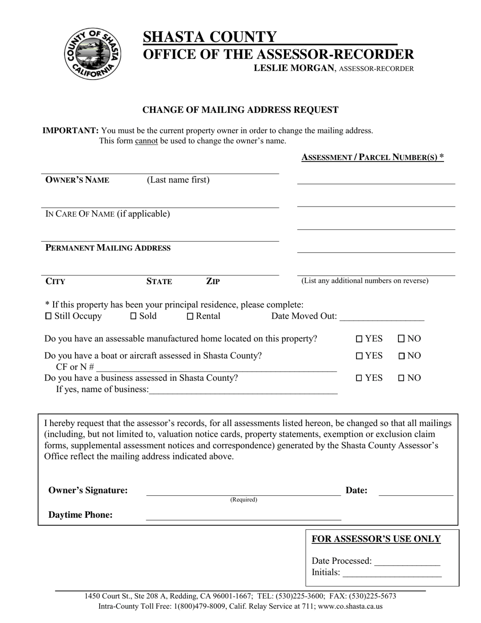 Shasta County, California Change of Mailing Address Request Fill Out