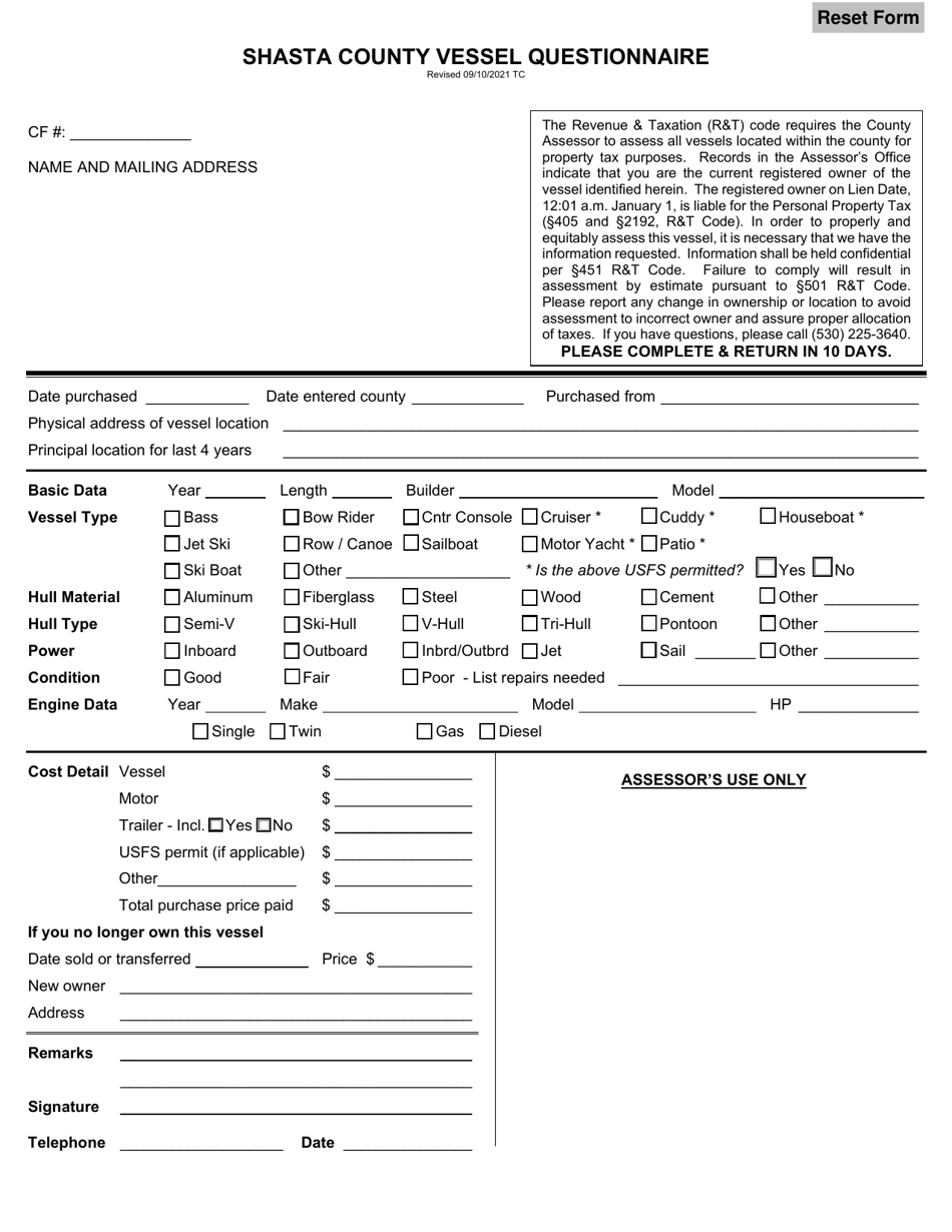Vessel Questionnaire - Shasta County, California, Page 1