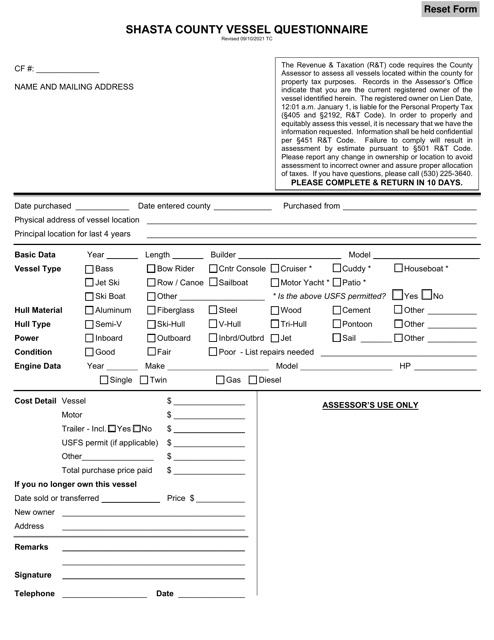 Vessel Questionnaire - Shasta County, California Download Pdf