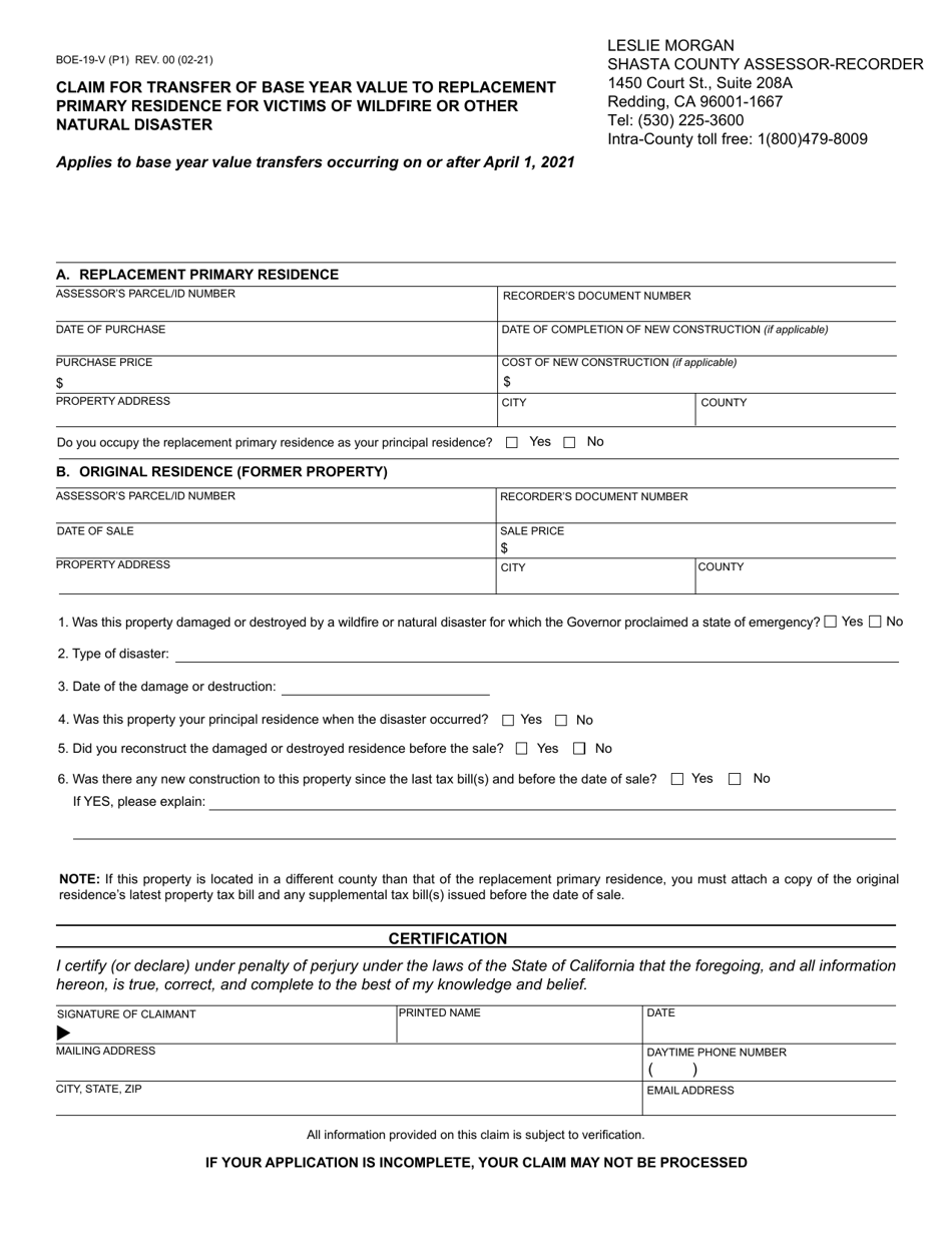 Form BOE-19-V Claim for Transfer of Base Year Value to Replacement Primary Residence for Victims of Wildfire or Other Natural Disaster - Shasta County, California, Page 1