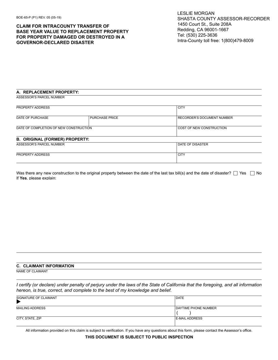 Form BOE-65-P Claim for Intracounty Transfer of Base Year Value to Replacement Property for Property Damaged or Destroyed in a Governor-Declared Disaster - Shasta County, California, Page 1