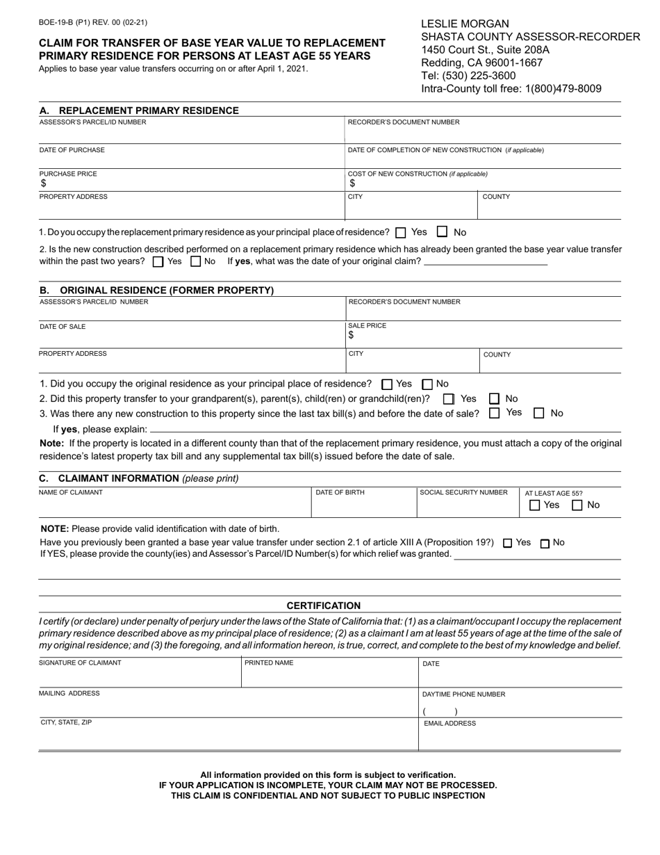 Form BOE-19-B Claim for Transfer of Base Year Value to Replacement Primary Residence for Persons at Least Age 55 Years - Shasta County, California, Page 1