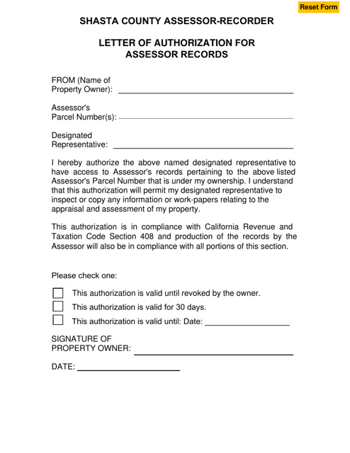Letter of Authorization for Assessor Records - Shasta County, California Download Pdf