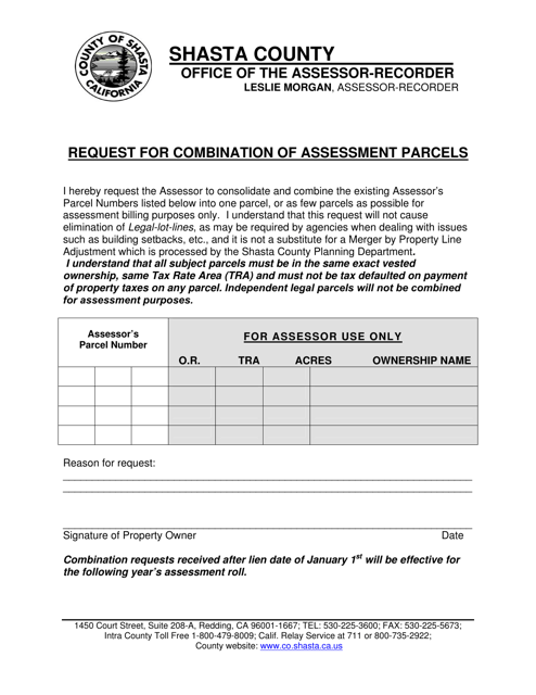 Request for Combination of Assessment Parcels - Shasta County, California Download Pdf