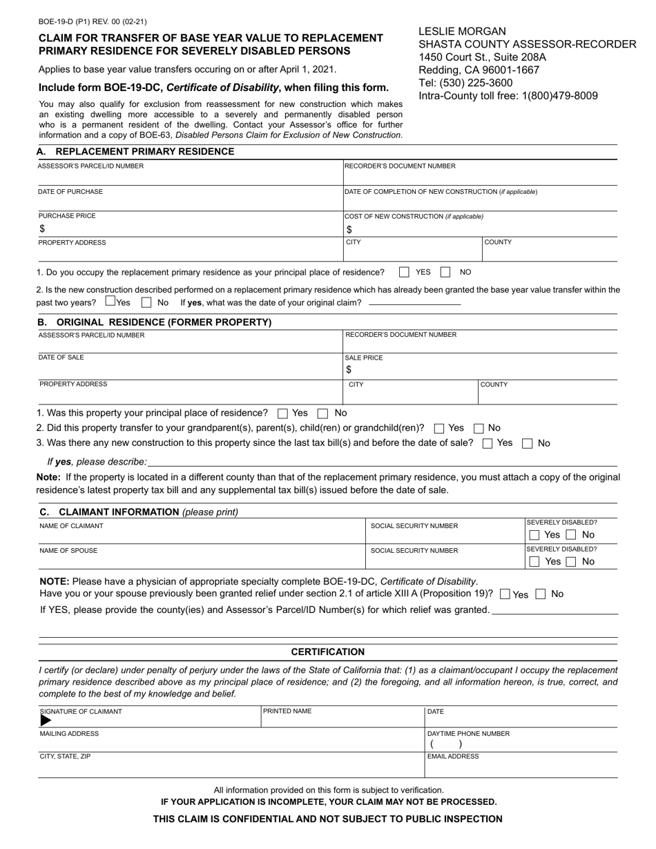 Form BOE-19-D Claim for Transfer of Base Year Value to Replacement Primary Residence for Severely Disabled Persons - Shasta County, California, Page 1
