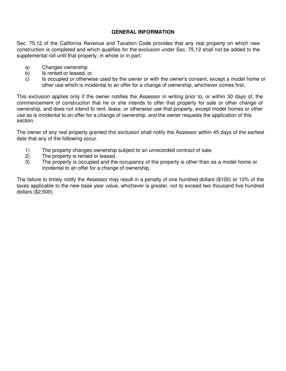 Claim for New Construction Exclusion From Supplemental Assessment - Shasta County, California, Page 2