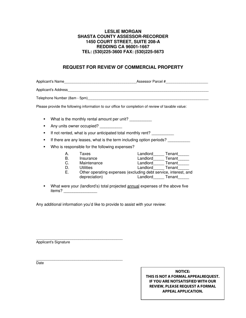 Request for Review of Commercial Property - Shasta County, California, Page 1