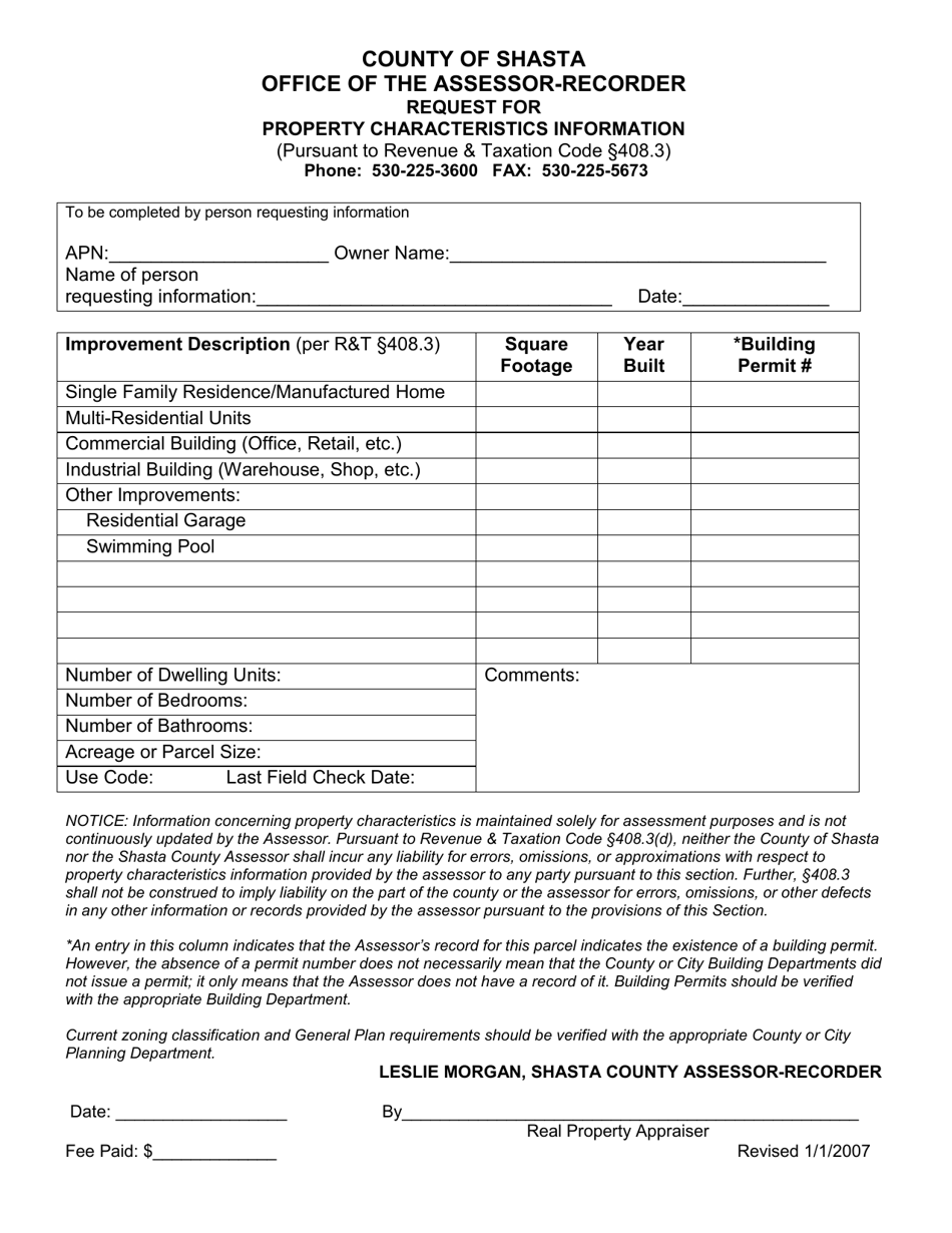 Shasta County, California Request for Property Characteristics