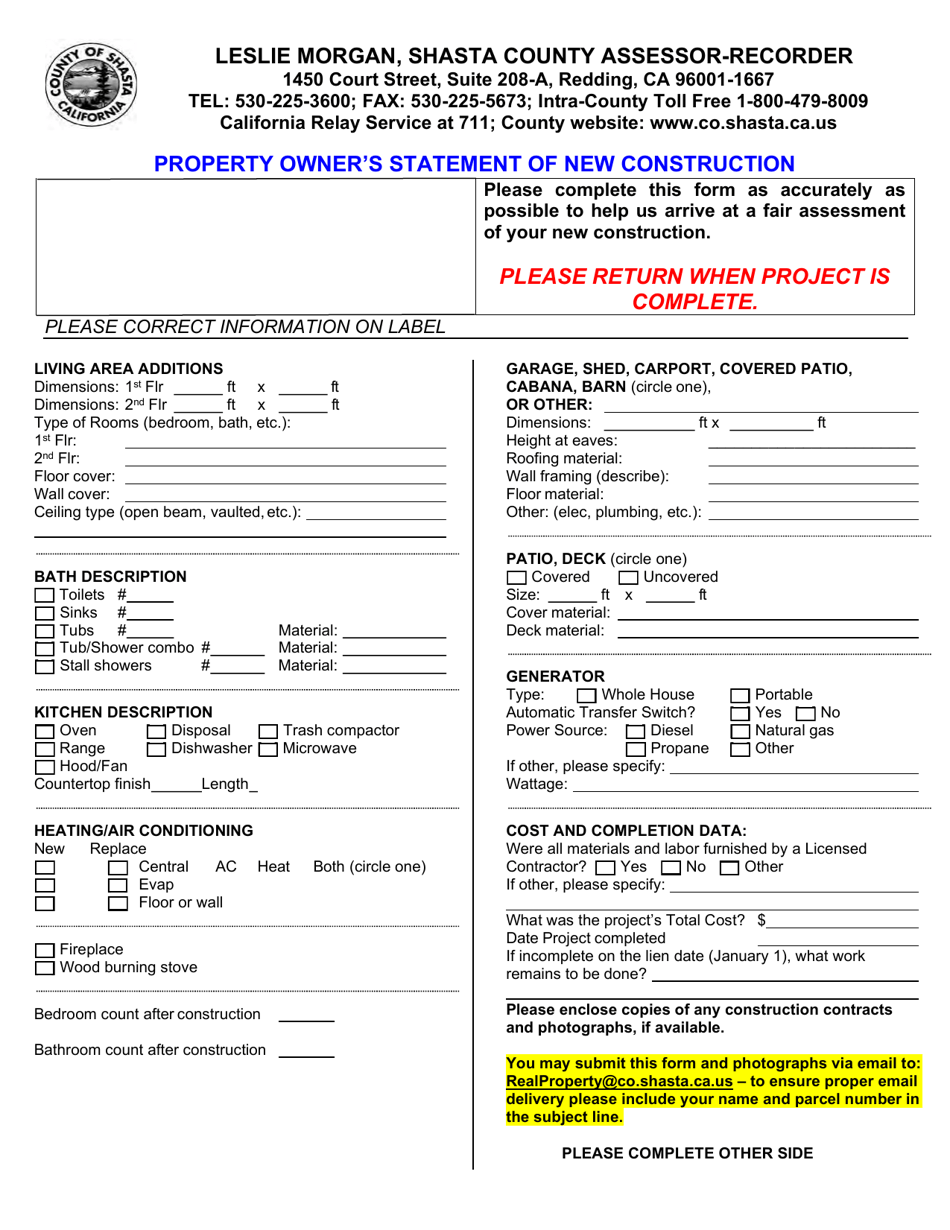 Shasta County, California Property Owner's Statement of New Construction Fill Out, Sign Online
